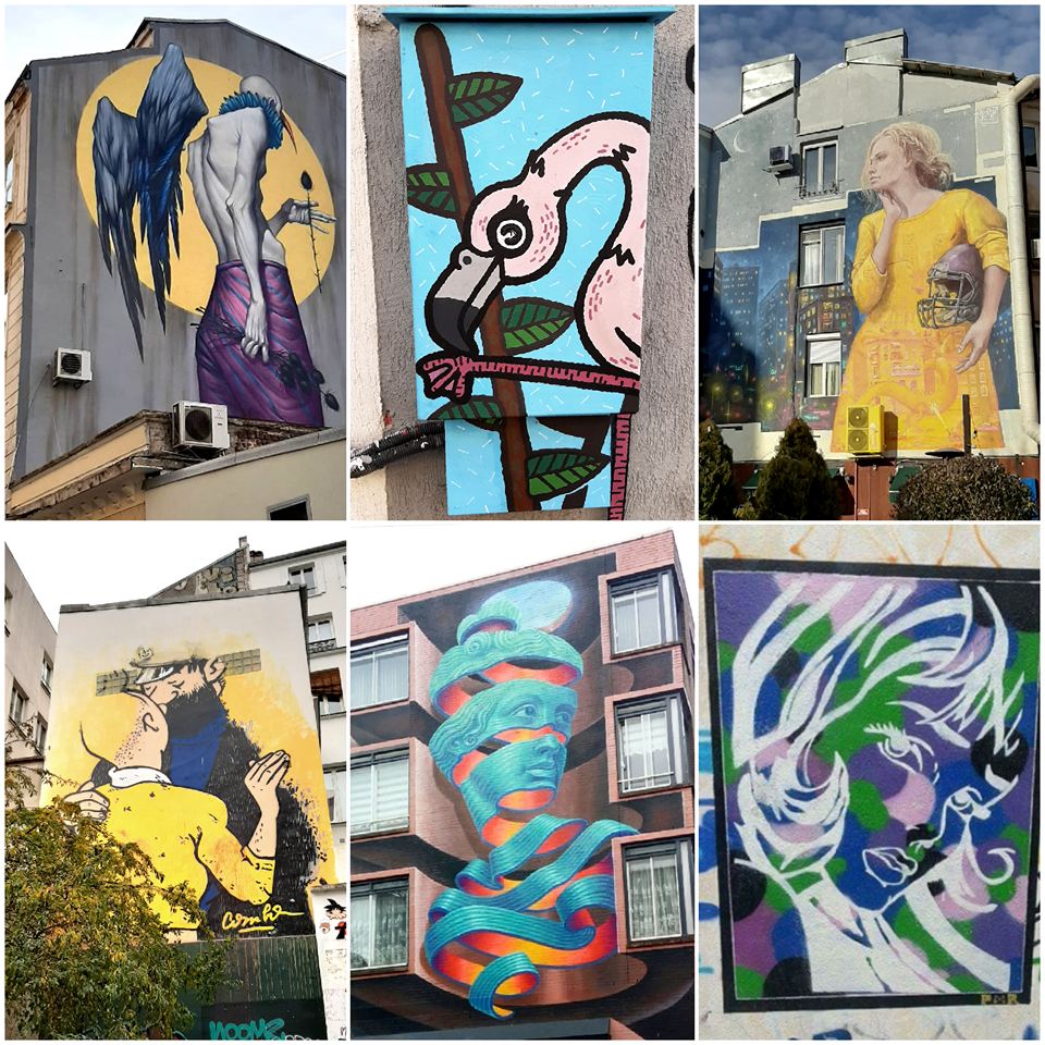Caption: A collage of six photos showing different street art paintings of people and animals, taken in Sofia, Paris, and Rotterdam.