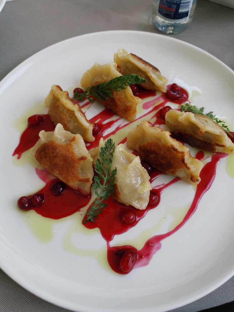 Caption: A photo of seven sauteed duck dumplings with cranberry sauce, red wine, and olive oil on a white plate. (Local Guide oldheckmann)