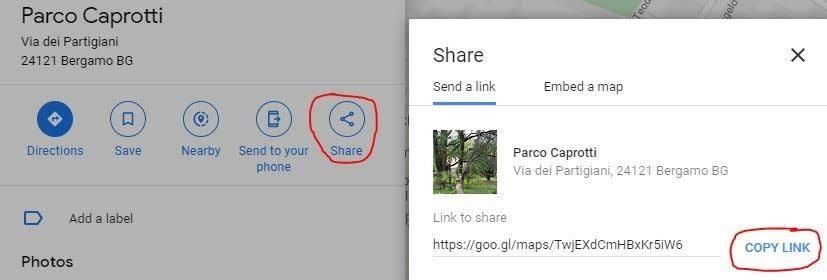 Caption: a screenshot with the visual procedure to share a link of a Poi in Google Maps
