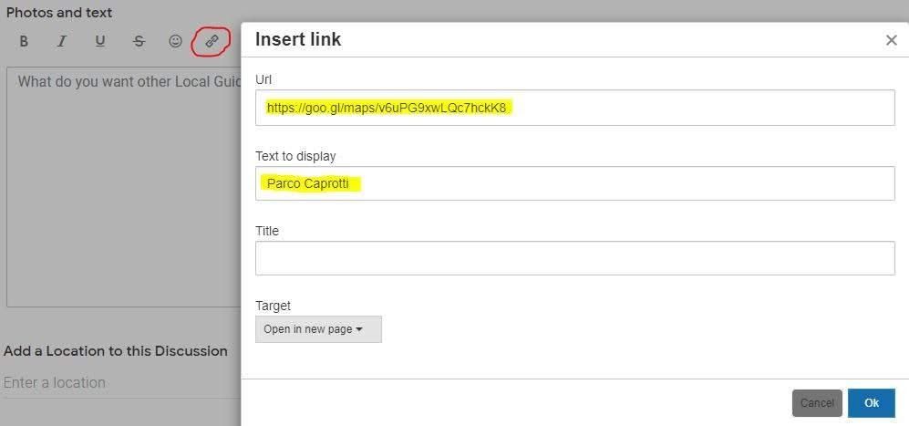 Caption: A screenshot of the procedure to insert a link in Local Guides Connect