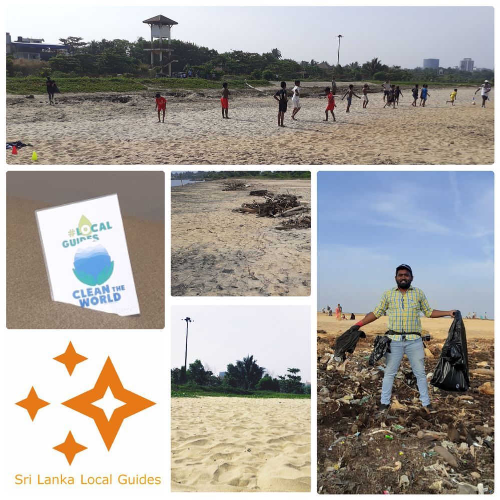 Caption: A collage of photos showing the Crow Island Beach Park in Sri Lanka before and after a clean-up, a football team playing on the sand, a Local Guides Clean The World card, and the logo of the Sri Lanka Local Guides. (Local Guide @ravindus)