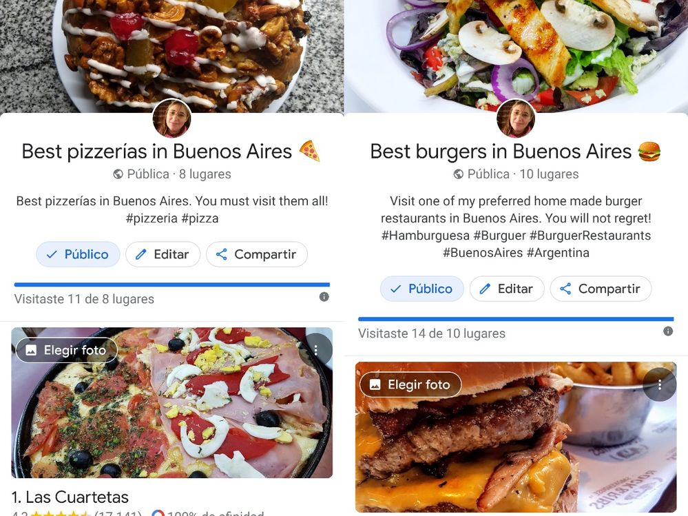 Photo showing a pizzerias list with a dessert photo as the main photo. Burger restaurants list with a salad as the main photo.