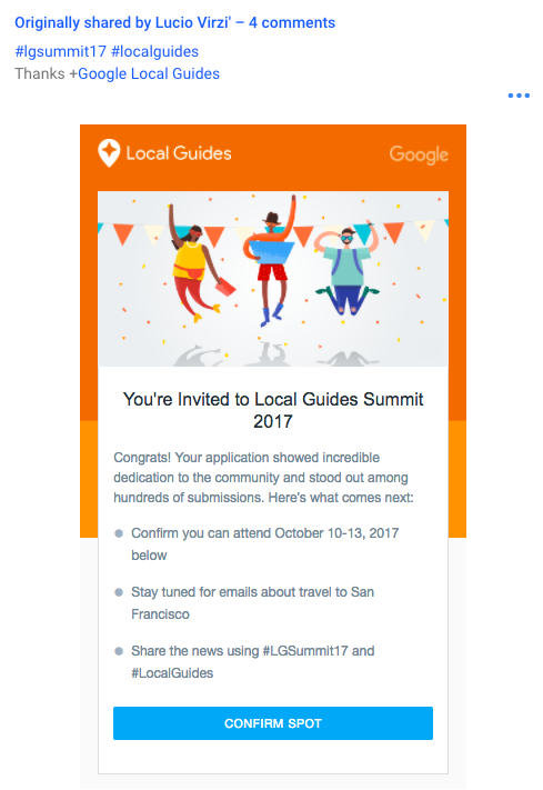 Lucio Virzi - Google Summit Local Guides 2017 Invitation