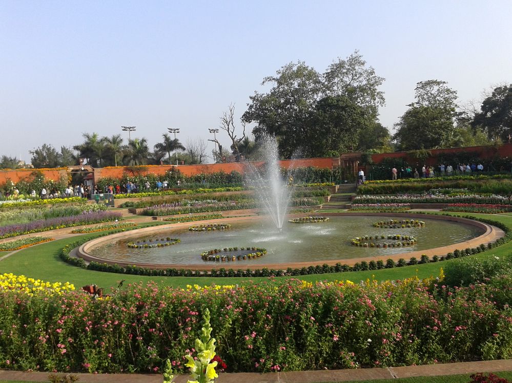 fountain surrounded by vally of flowers,Mughal Garden Delhi