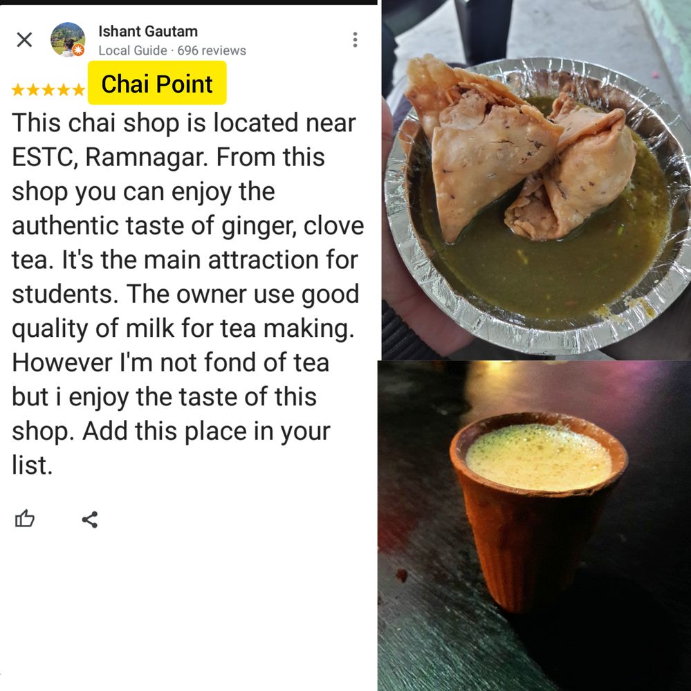 Caption: Screenshot of review with photo of tea and Samosa (Photo by Local Guide Ishant Gautam).