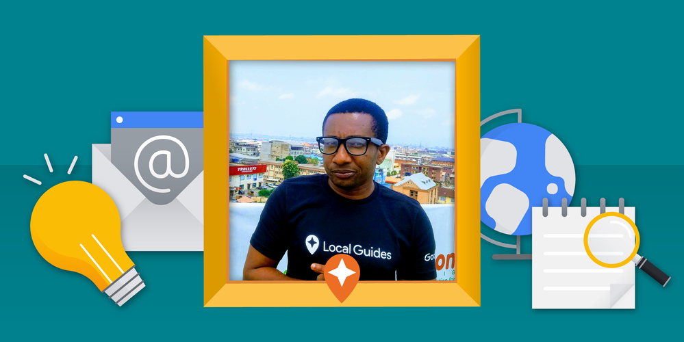 Caption: A photo of Emeka wearing a Local Guides t-shirt, and an illustration with a light bulb, an email, a globe, a notebook, and a magnifying glass.