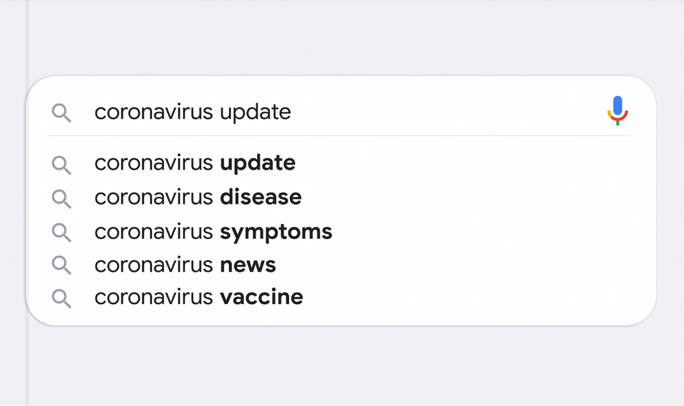 Caption: A screenshot of a Google search bar with the words “coronavirus update” with other suggested search terms listed below.