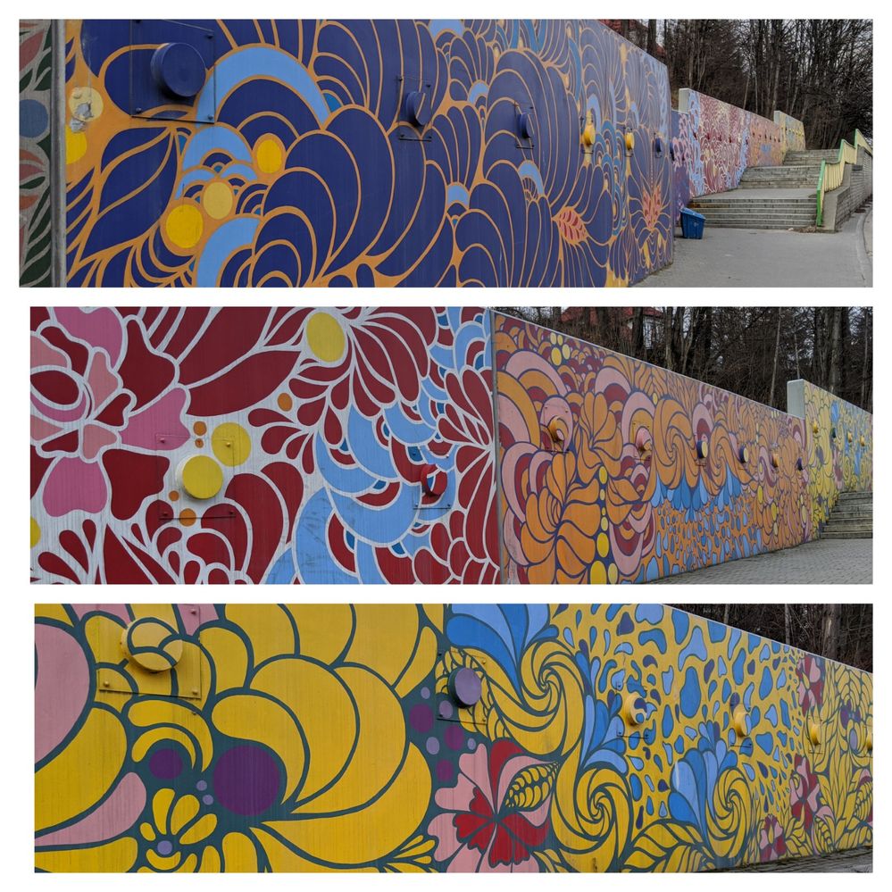 Collage of three colorful parts of the same wall.