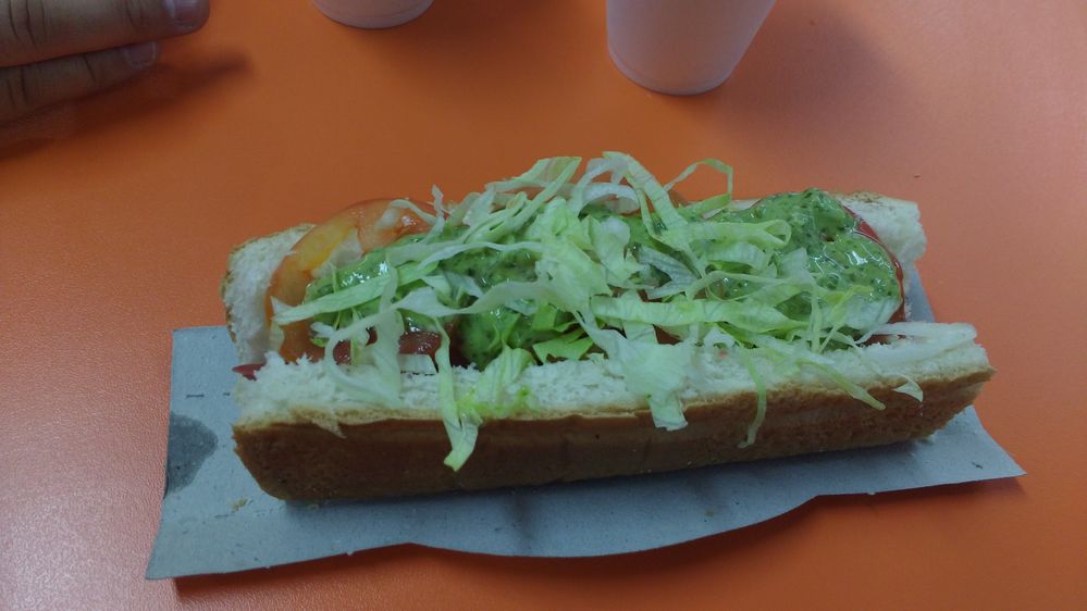 Panchuque - Argentine Hot Dog, with all kinds of condiments.