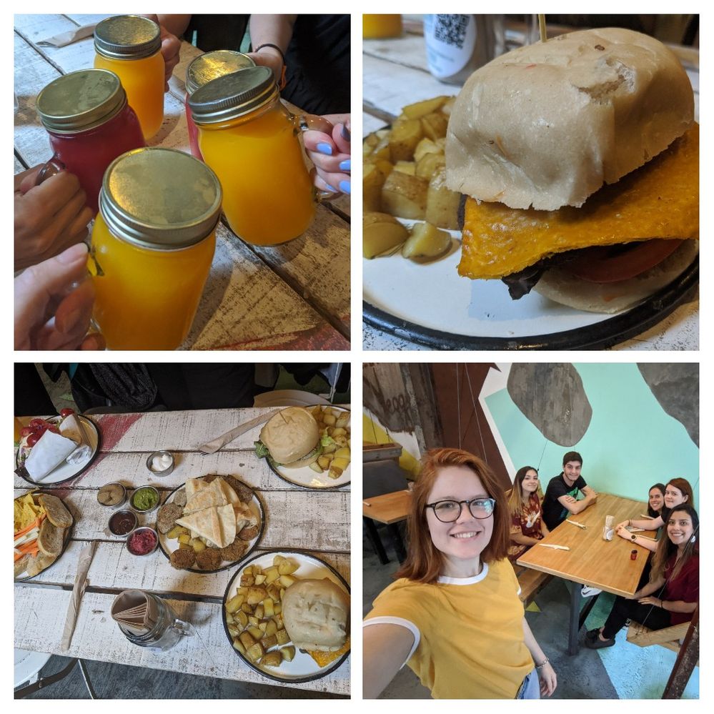 Caption: photo collage of the meet up, showing some natural juices, burgers, sandwiches, other dishes and a selfie of all the attendees.