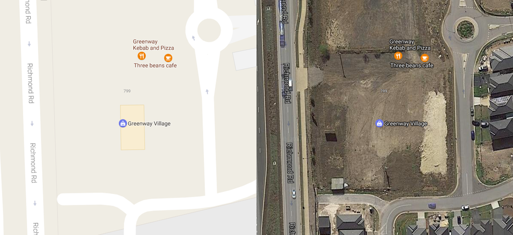 Left: Greenway Village in it's current state. Right: Greenway Village in Satellite View.