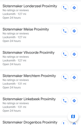 Search results for locksmiths in the Brussels area as a list