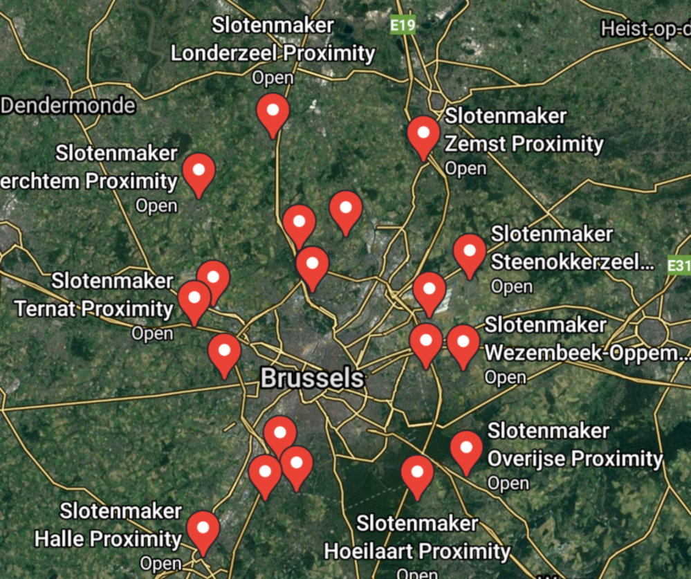 Searck results for locksmiths in the Brussels area shown on the map