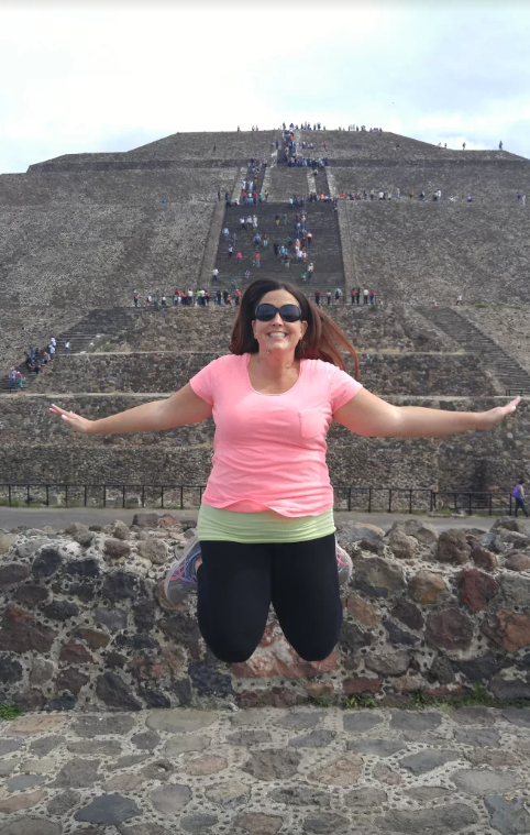 Jumping at the Pyramid of the Sun in Mexico