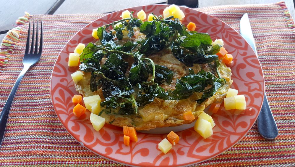 Caption: The jambu plant served over an omelet on the plate, with boiled potatoes and carrots.