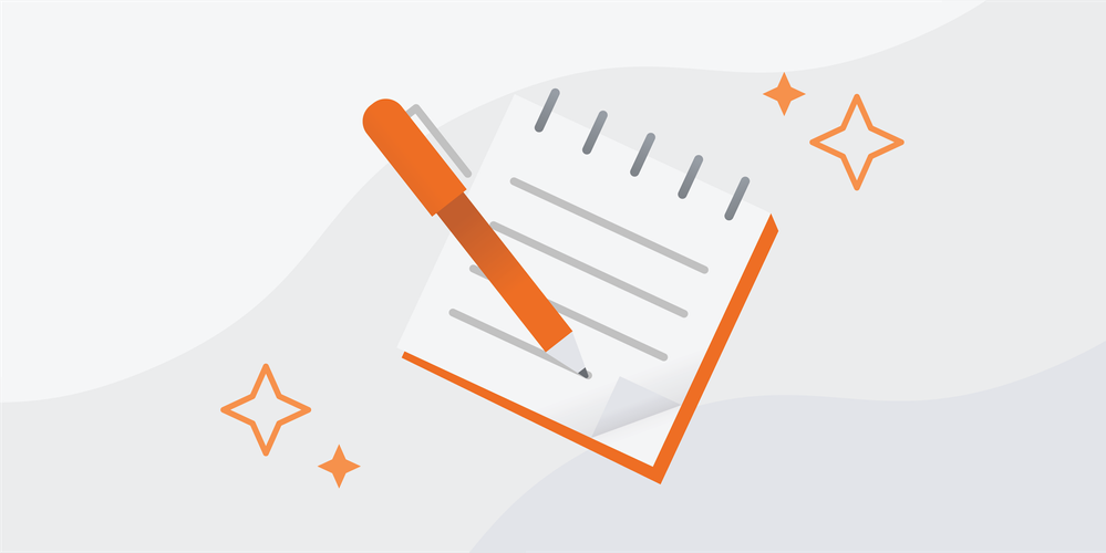 Caption: An illustration of a notepad with an orange pen with stars in the background.