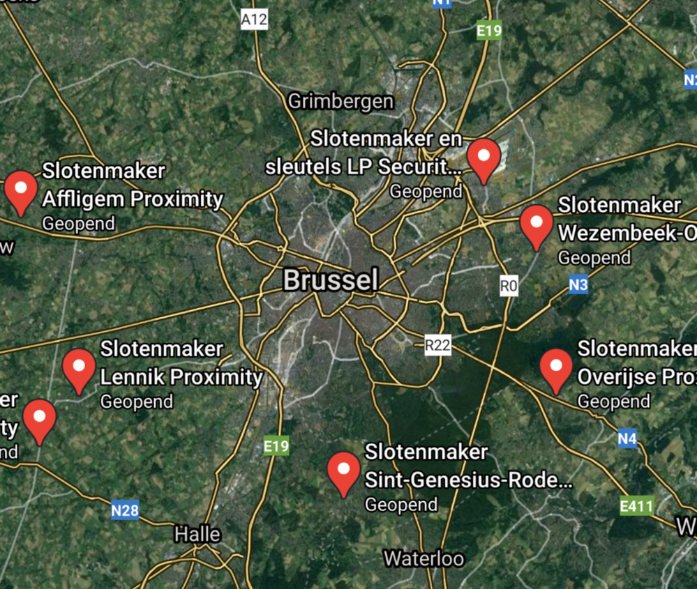 Screenshot of the Brussels area in Maps now showing a lot less of the fake locksmith POIs