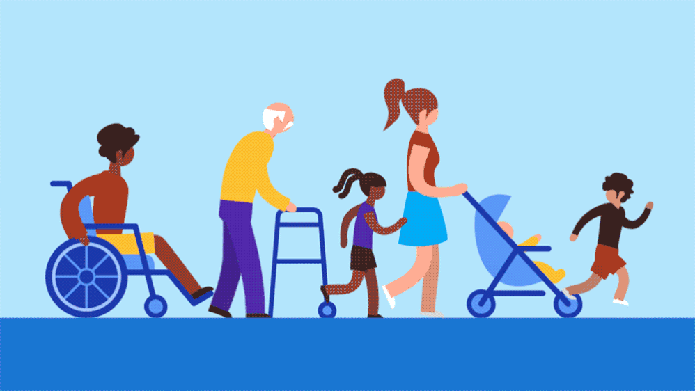 Caption: An illustrated gif of several different people in motion including someone in a wheelchair, a person with a walker, someone with a stroller, and two people running.