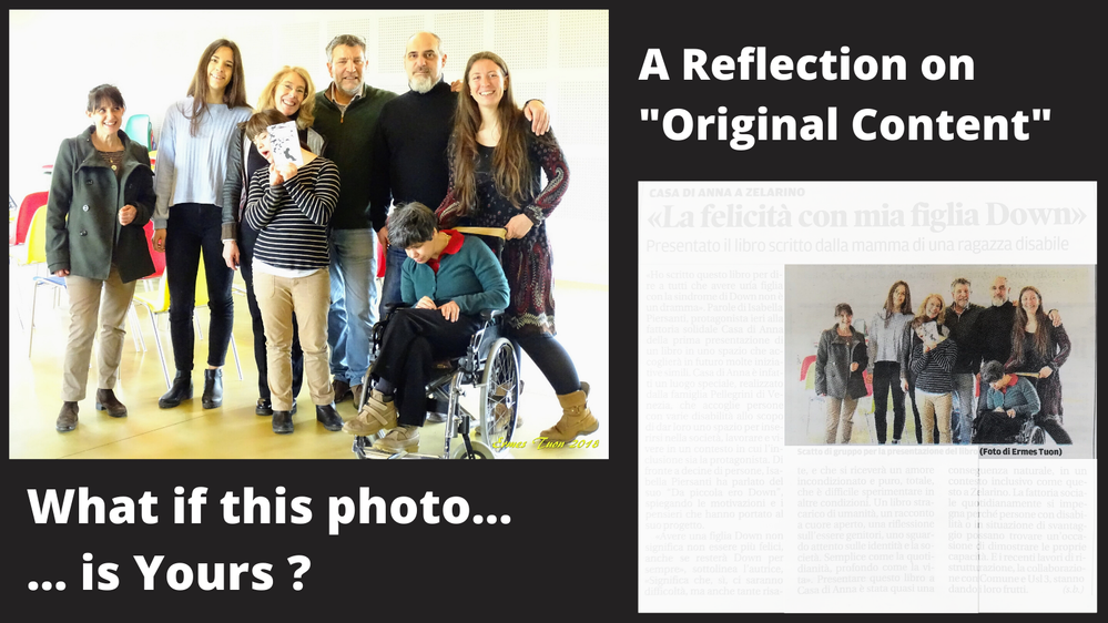 Caption: on the left, a photo of a group of people. On the right, the same photo used on a newspaper. Title: A Reflection on "Original Content", What if This Photo ... is Yours? - Photo and Graphic: @ermest