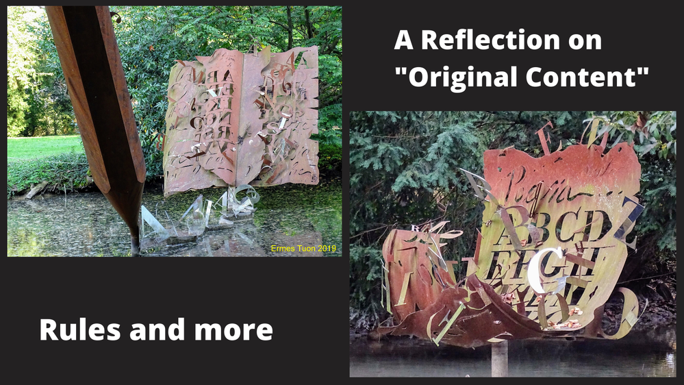 Caption: two sculptures representing writing and books. The photos were taken at Villa Guidini. Title: A reflection on "Original Content", Rules and more  - Photos and Graphic: @ermest