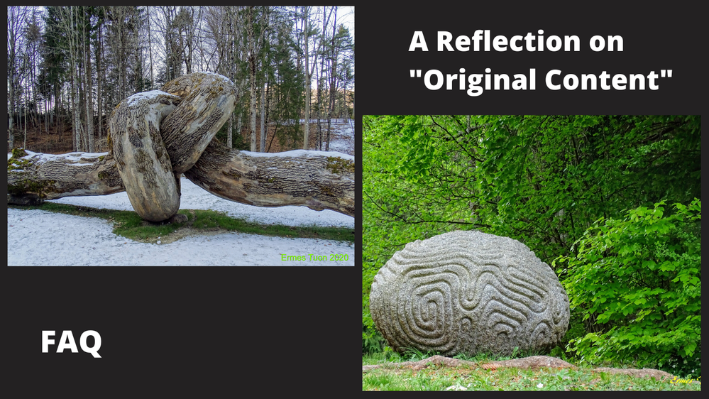 Caption: a knotted tree (on left) and a stone carved to resemble a brain (right). The photos were taken in Artesella. Title: A reflection on "Original Content", FAQ - Photos and graphic: @ermest