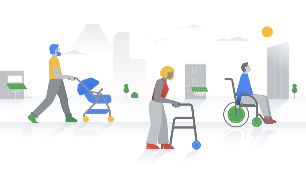 Caption: An illustration of a person with a stroller, a person with a walker, and a person in a wheelchair moving throughout a neighborhood setting.