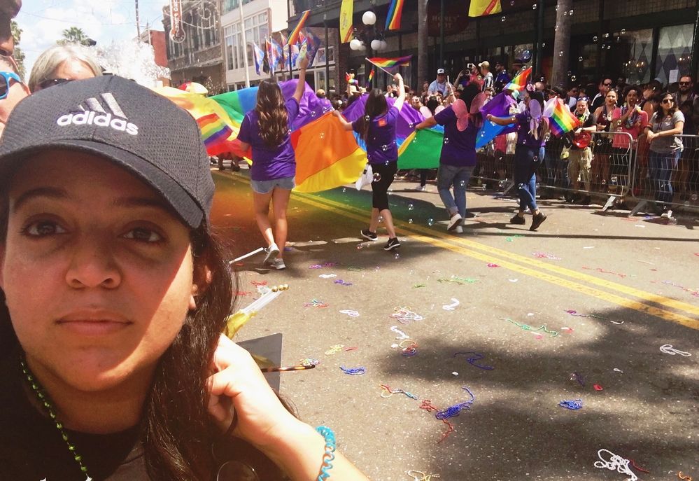 Caption: A photo of  Martiña celebrating Pride at a parade in Florida. (Local Guide Martiña Alessandra)
