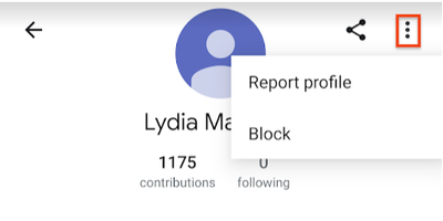 A screenshot showing the three dot icon selected, illustrating how to report a profile in Google Maps