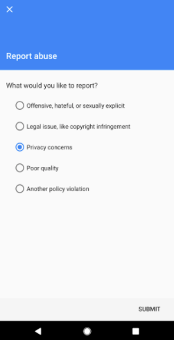 A screenshot showing the “Report abuse” screen on Google Maps with text options detailing the type of abuse you can report.