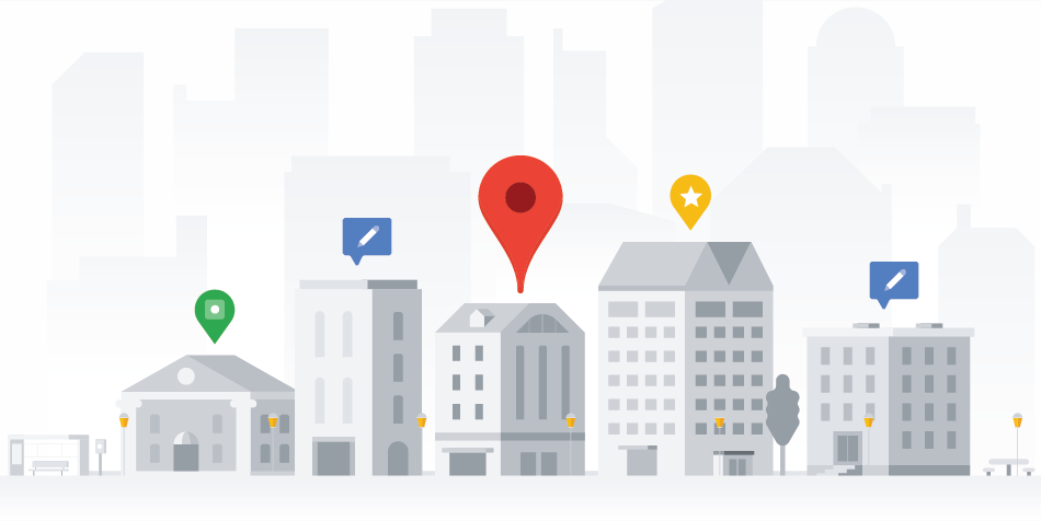 Caption: An illustration of different businesses with Google Maps icons floating above them.
