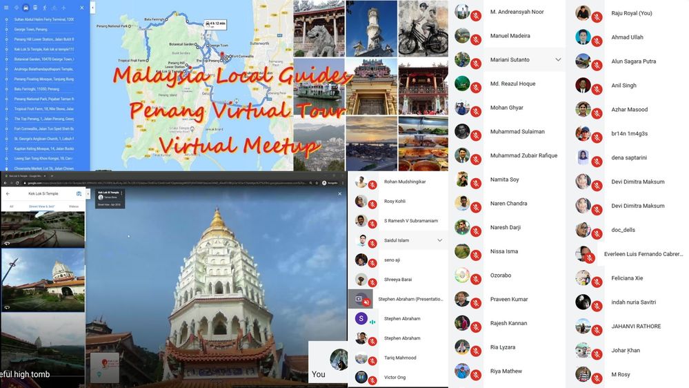 Caption: A collage of screenshots showing a list of Local Guides attending a virtual meet-up, photos from different places, and a text that says, “Malaysia Local Guides Penang Virtual Tour.” (Local Guide @StephenAbraham).