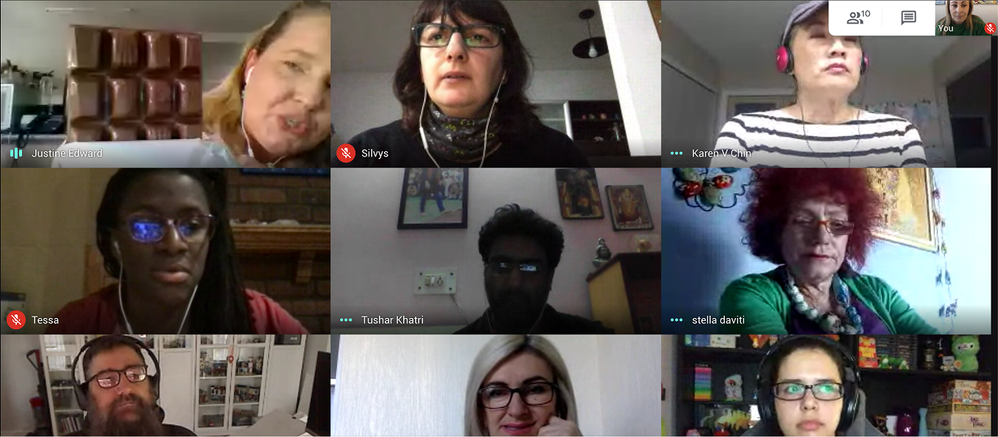 Caption: A screenshot of Local Guides attending a virtual  meet-up. (Local Guide @JustineE).