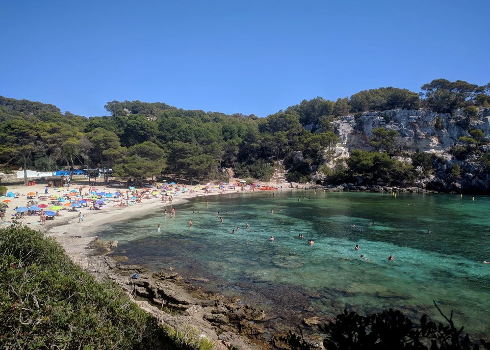 Caption: A photo of Cala Macarella, showing a beach surrounded by green trees and washed by emerald waters. (Local Guide @MoniDi)