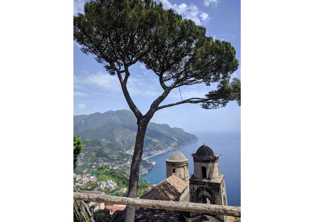 Caption: A photo from Villa Rufolo in Ravello of the sea and the Amalfi coastline, with a two-domed stone building and a tall tree in the foreground. (Local Guide @MoniDi)
