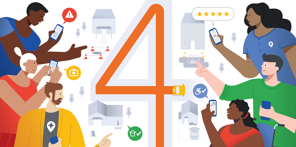Caption: An illustration with an orange number 4 in the center, surrounded by Local Guides holding devices used to contribute information on Google Maps and to share posts on Connect.